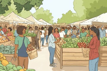Vibrant Farmer's Market Vector Illustration with Diverse People in Hand-Drawn Style Promoting Local Economy and ESG Practices