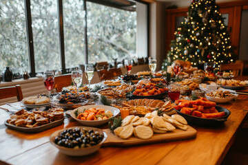 A warm winter gathering featuring a delicious array of food and drinks beside a decorated Christmas tree and snow-covered landscape outside.