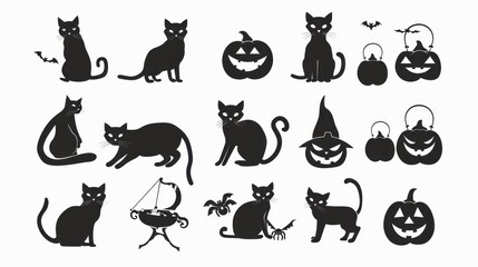 Fototapeta premium Design black silhouette illustrations of spooky Halloween Cute Cat in various activities ,with bold lines and simple design, placed on a white background 