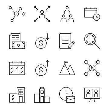 Business line icon collection. Editable stroke. Vector illustration. Containing&nbsp;online meeting, deadline, contract, profit, loss, business, low price, connection, working hours, team, oportunity