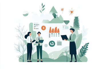 Naklejka premium Diverse Business Team Analyzing Carbon Footprint Data for Corporate Sustainability - Hand-Drawn Vector Illustration
