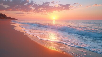 A serene beach at sunrise, with golden sand, gentle waves, and the first light of the day reflecting off the calm ocean, evoking a sense of tranquility and peace