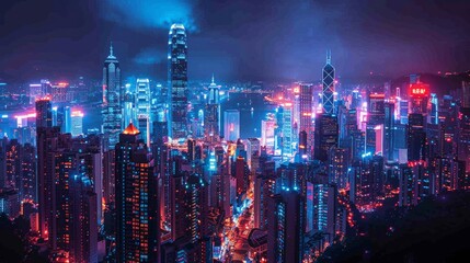 Obraz premium A vibrant cityscape at night, with bustling streets, neon signs, and modern skyscrapers towering in the background, capturing the essence of urban nightlife