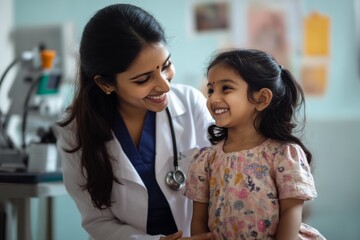 A young girl beams with joy as a compassionate doctor checks her health in a cheerful clinic setting, fostering trust and care during the examination