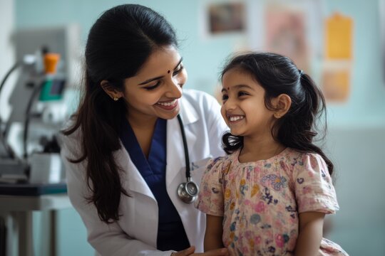A young girl beams with joy as a compassionate doctor checks her health in a cheerful clinic setting, fostering trust and care during the examination