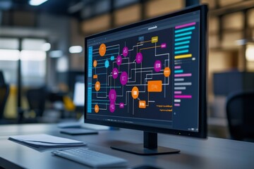 A digital flowchart displays the workflow and hierarchy of an organizational system on a computer screen in a contemporary office setting