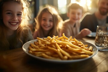 A family enjoys quality time together at a wooden table, smiling as they share a large plate of crispy fries and celebrate their connection
