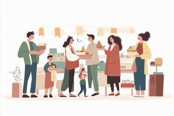 Obraz premium Ethical Consumption at Fair Trade Market - Hand-Drawn Vector Illustration of People Engaged in Sustainable Shopping Practices
