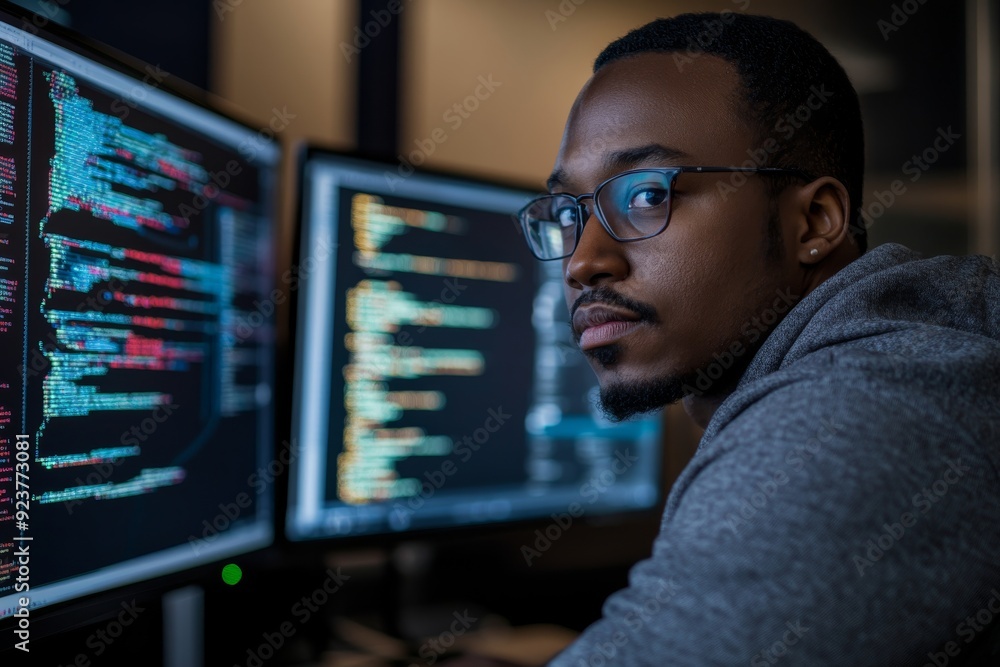 Poster a software engineer intensely reviews intricate code on several monitors, immersed in a late-night p