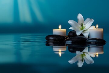 Fototapeta premium Tranquil setup with a white lily, smooth black stones, and lit candles reflecting softly in the water, creating a peaceful spa ambiance