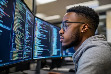 Fototapeta premium A software engineer analyzes and writes complex code on multiple computer screens in a tech-oriented workspace