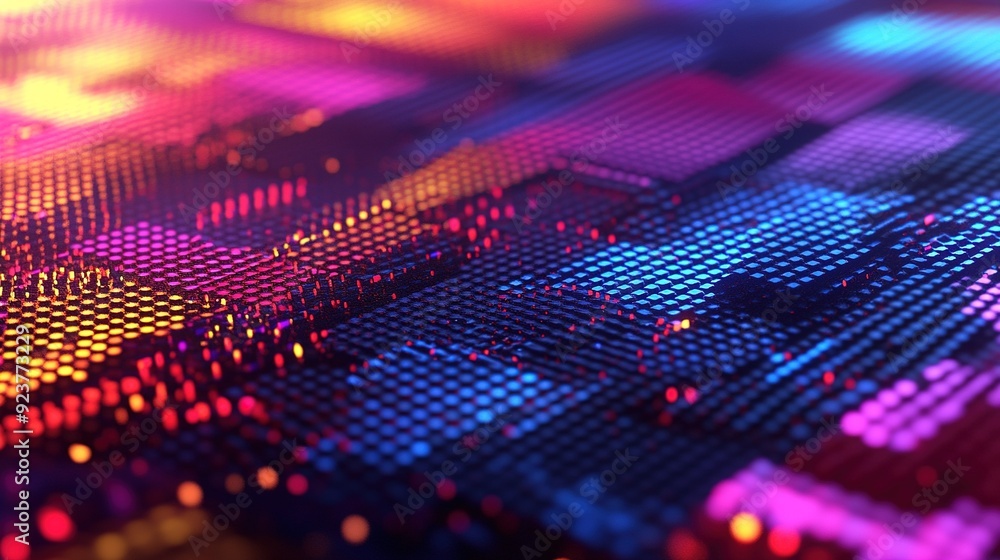 Poster colorful abstract digital pattern showcasing vibrant pixels and a textured surface in a close-up vie