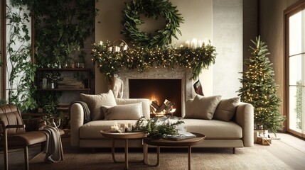 Cozy living room decorated for the holidays with a Christmas tree and warm fireplace ambiance in the evening