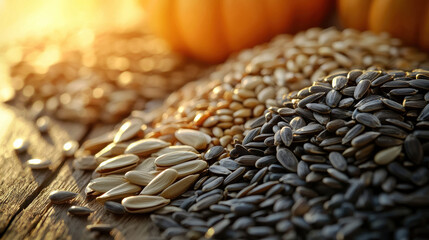 Obraz premium Various seeds, including sunflower and pumpkin seeds, scattered generously over a rustic wooden table, beautifully illuminated by gentle, warm sunlight, creating an inviting autumnal scene.