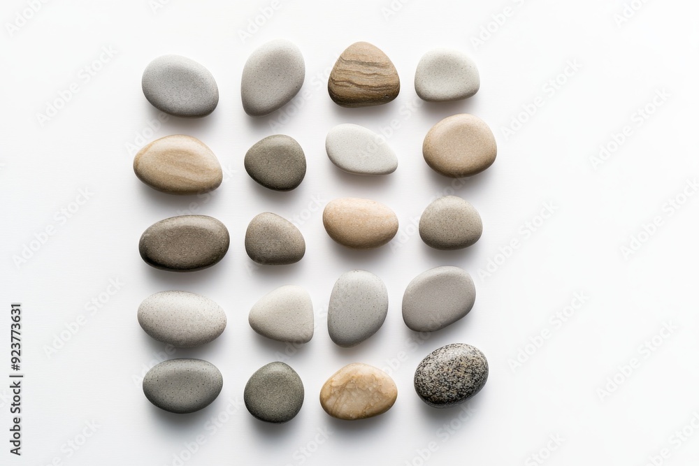 Poster small smooth circular pebbles are arranged in a symmetrical pattern on a white surface, illustrating