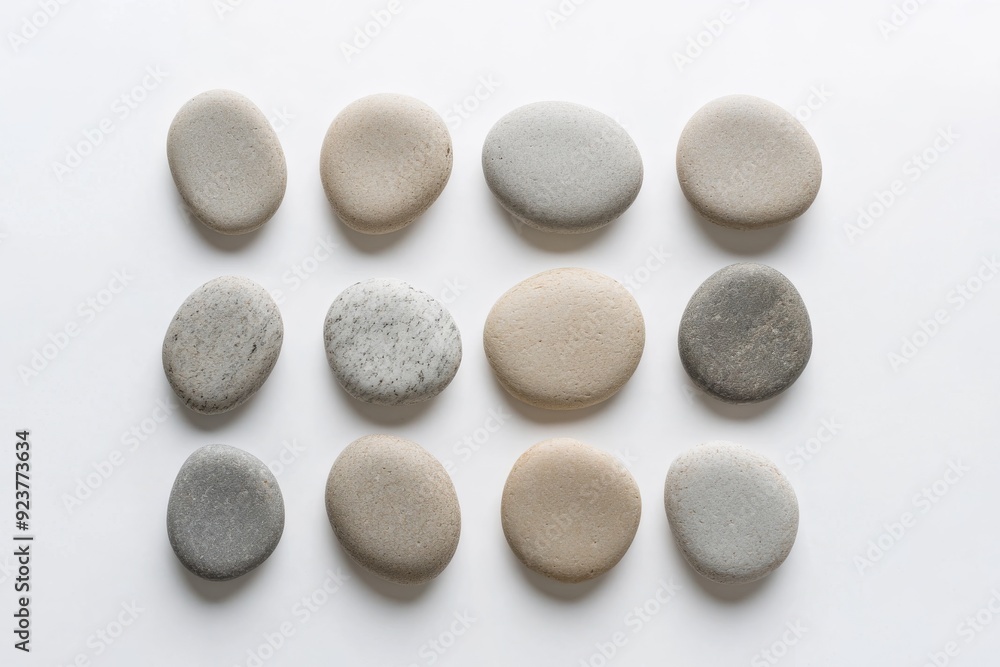Poster small smooth circular pebbles are carefully arranged in a symmetrical pattern on a minimalist surfac
