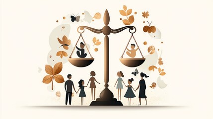 A stylized illustration of balance with diverse figures representing justice, equality, and harmony in a vibrant nature setting.