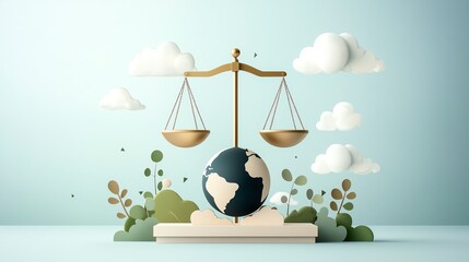 A symbol of justice featuring a scale balanced on a globe, representing global fairness and equality in a serene environment.