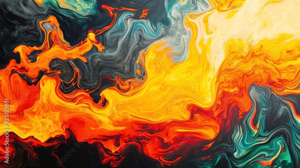 Poster vibrant abstract artwork blending orange, yellow, and teal colors with swirling patterns, creating a