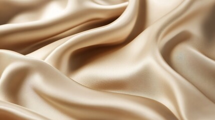 Soft beige satin fabric draping elegantly on a surface, showcasing smooth textures and gentle folds