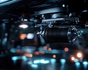 Close-up of a futuristic device showcasing intricate mechanical details and glowing elements in a high-tech environment.