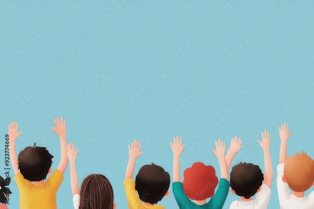 Poster vibrant classroom dynamics: cheerful students engaged in active learning with raised hands in colorf