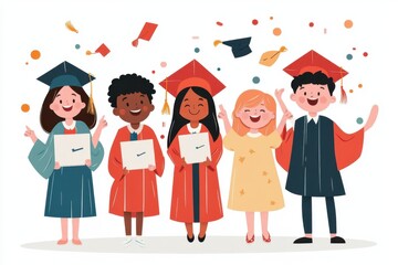 Joyful Diversity in Graduation Celebration - Hand-drawn Vector Illustration of Colorful Students Recognizing Educational Achievement
