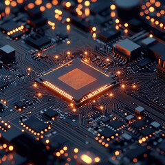 Fototapeta premium Close-up of a modern microchip on a circuit board showcasing intricate details and glowing lights, symbolizing technology and innovation.
