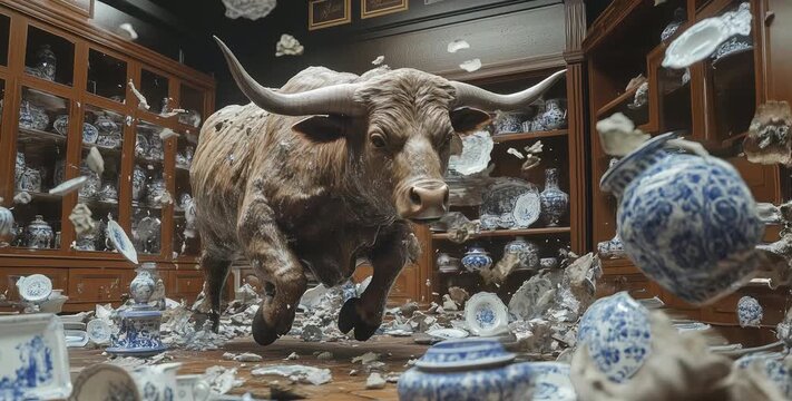 A bull in a china closet - a powerful bull charges through a china shop interior, smashing the fine porcelain in a still frame capture with horizontal tracking movement, video and film cinematic