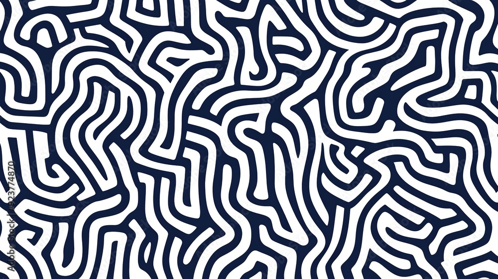 Poster abstract navy blue and white wavy lines creating a complex pattern on a plain background