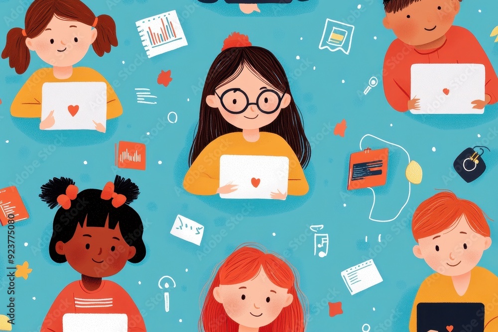 Poster creative diverse students engaged in coding lessons - vector illustration with colorful style for te