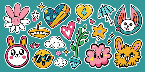Bubble y2k sticker set, vector groovy playful shape kit, funky cute tattoo print, heart, bunny. Minimal funny balloon comic object, cartoon flowers, clouds, words, dog. Bubble sticker collection