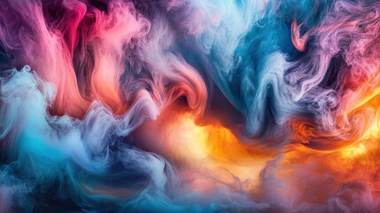 Colorful abstract swirls of blue, orange, and pink against a dark background, creating a vibrant and dynamic composition