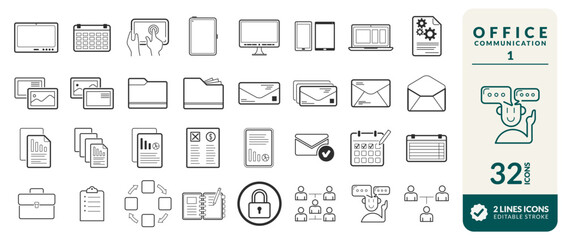 Office communication 1 icons agendas for financial presentations business strategy in company target audience spreadsheets team meetings passwords mobile technology