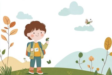Fototapeta premium Enthusiastic Student Embracing Nature: Colorful Vector Illustration for Environmental Education and Learning Adventures