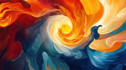 Colorful swirling abstract art featuring vibrant orange, red, blue, and yellow tones, depicting a dynamic motion of colors