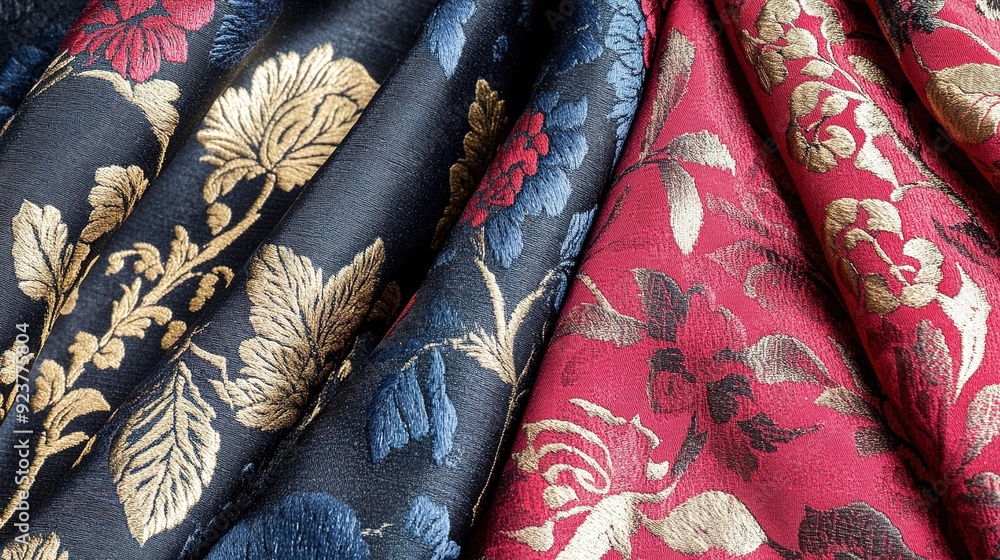Poster elegant textured fabric with floral patterns in red and blue displayed in folds