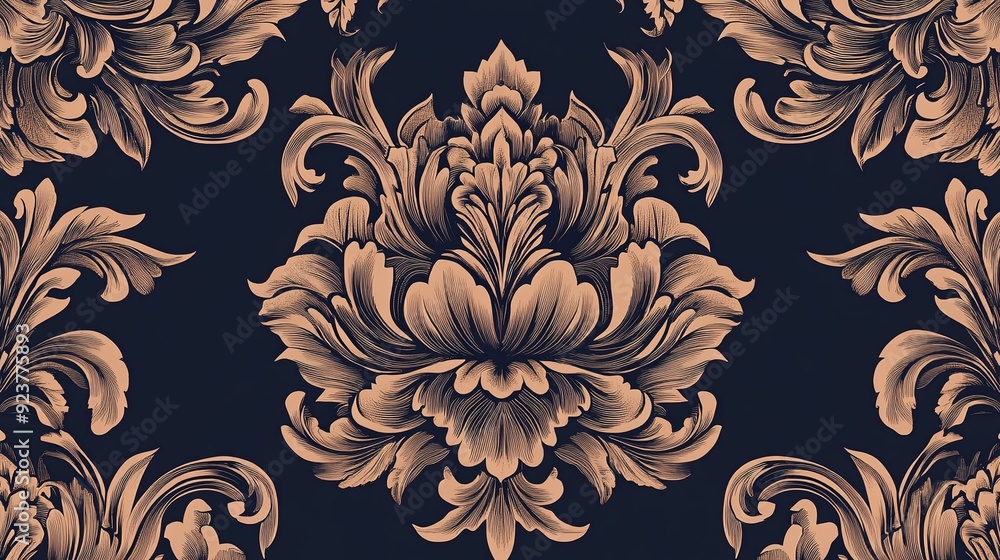Poster elegant floral damask pattern in dark color palette with intricate detailing