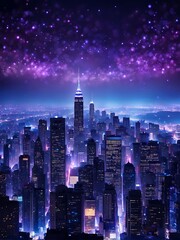 Obraz premium City skyline at night with illuminated skyscrapers. Futuristic urban vertical landscape with purple and blue lights. Design for poster or wallpaper