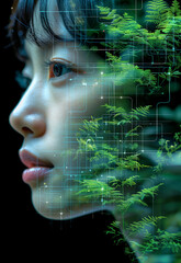 Fototapeta premium Digital composite of a woman with nature and circuit graphics.