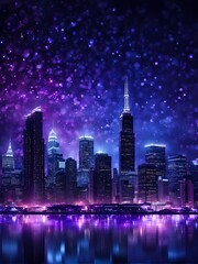 City skyline at night with illuminated skyscrapers and reflections in the water. Digital vertical art with purple and blue bokeh lights. Urban nightscape design