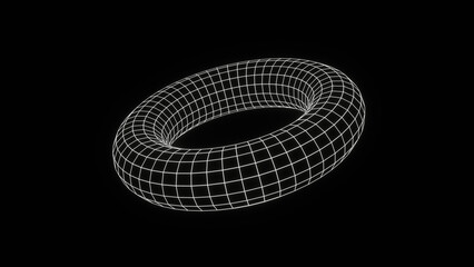 Fototapeta premium 3d render of a futuristic wireframe grid cyber y2k torus shape glowing neon white on black background isolated illustration. Outline element abstract retro poster.