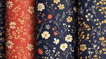 Floral patterned wrapping paper rolls displayed in vibrant hues with intricate designs