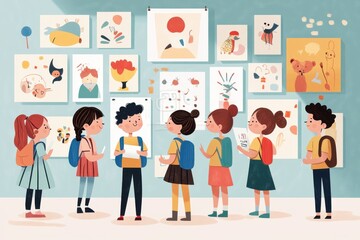 Diverse Students Exploring Vibrant Art Gallery in Hand-Drawn Vector Style for Cultural Education Experience
