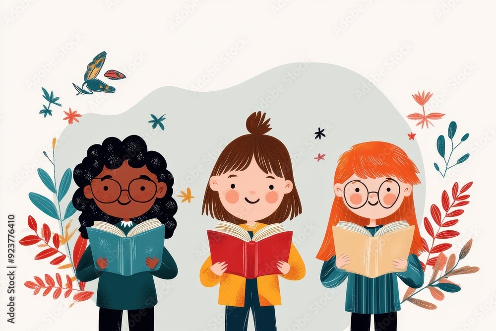 Poster dynamic literature classroom illustration with diverse students enjoying colorful reading sessions i