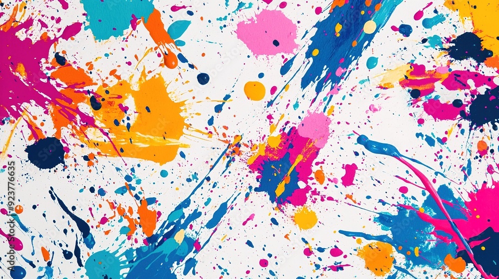 Poster bright splashes of paint in abstract patterns on a white background