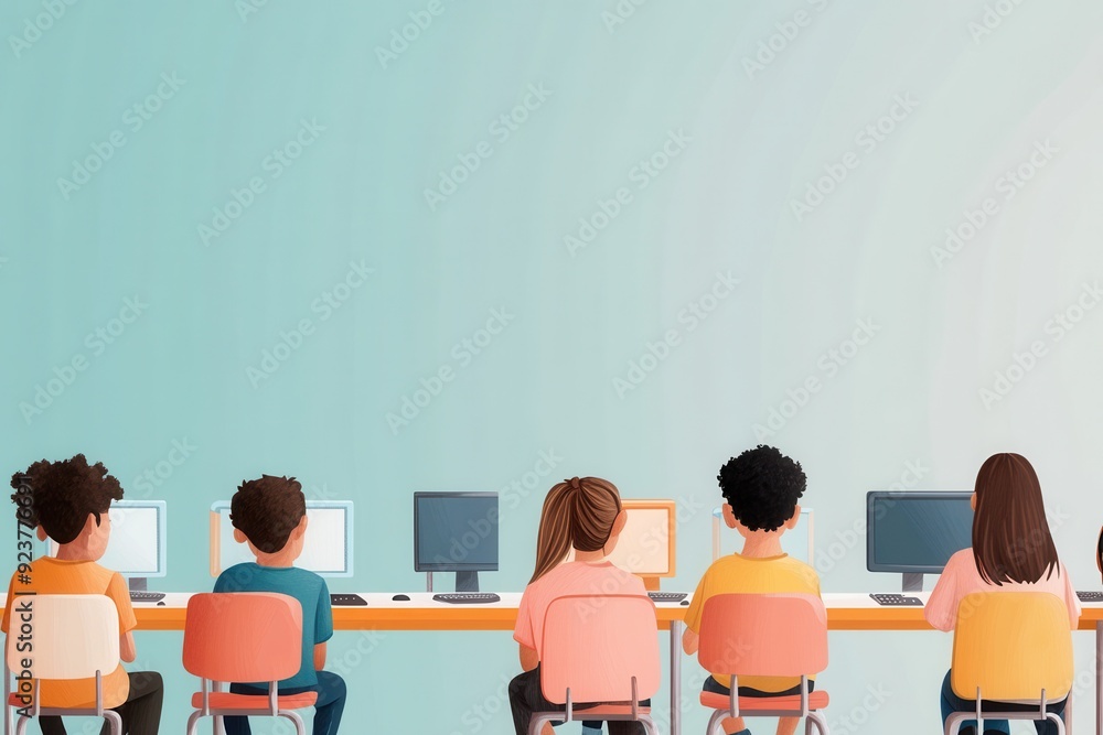 Poster vibrant vector illustration of students in a colorful computer lab