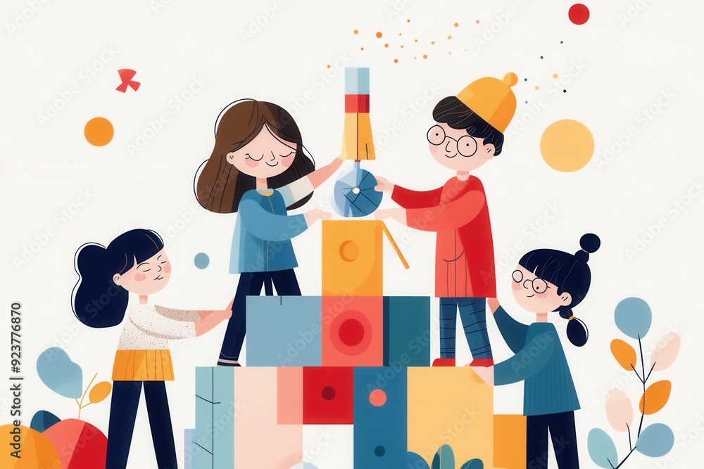 Poster creative hands-on learning: illustrative students constructing colorful model in vector hand-drawn s