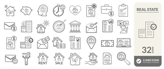 Set of icons for purchasing a home, real state, apartment, economy, investment, financing, credit, stock exchange. Editable vectors and great quality. See more in the profile