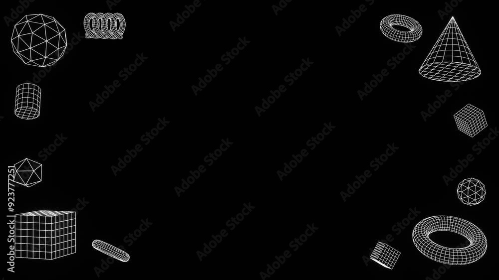Poster 3d render set of cyber futuristic wireframe grid white geometry math shape objects on black backgrou